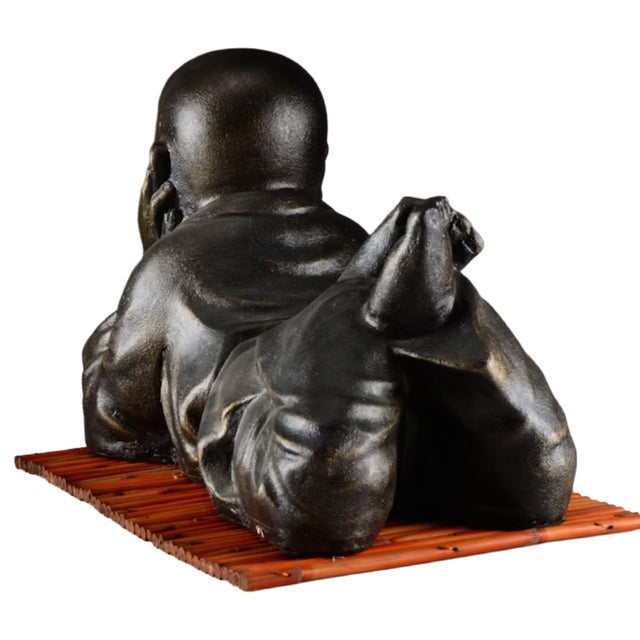 Plastic Laughing Baby Buddha Statue W/ Bamboo Mat Cast Resin & Fiberglass For Sale - Image 7 of 13