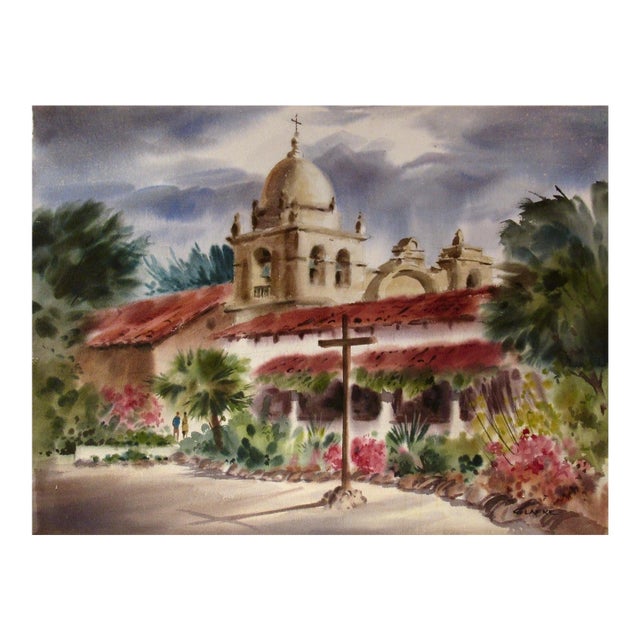 Edward Glafke Mission San Carlos Borromeo De Carmelo, Carmel, California C. 1970 Painting For Sale