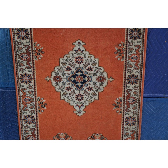 Vintage Hand Knotted Wool Geometric Medallion Orange Rug Runner Signed 3' X 8' For Sale - Image 11 of 11