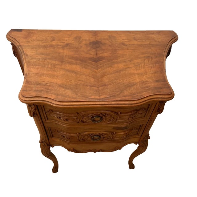 Vintage French Cabinet Side Table Hidden Bar Storage Solid Walnut Hand Carved For Sale - Image 4 of 11