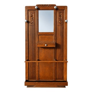 Art Deco Wardrobe in Carved Oak with Beveled Mirror, 1930 For Sale