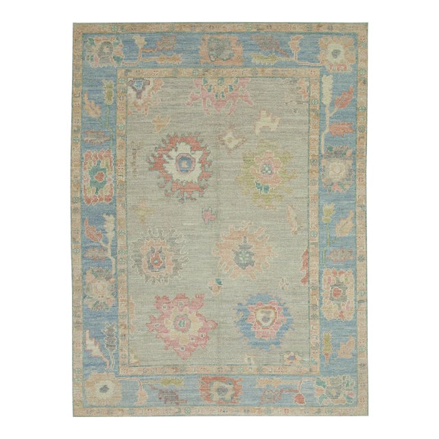 Early 21st Century Blue Multicolor Floral Design Handwoven Wool Turkish Oushak Rug 5'1" X 6'11" For Sale