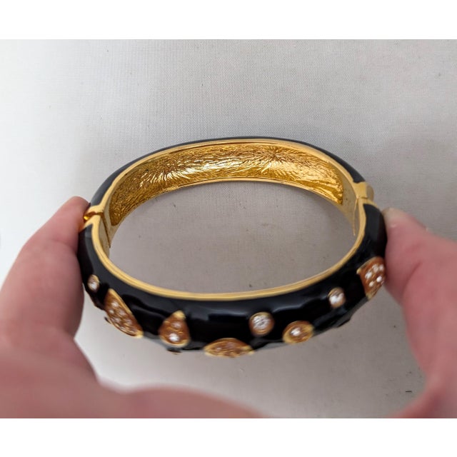 Vintage Signed Napier Goldtone Black Enamel & Clear Rhinestone Cuff Bracelet For Sale - Image 11 of 11