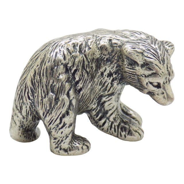 Vintage Italian Handmade Genuine Silver Large Brown Bear Cub Figurine Miniature, Made in Novara (Italy) For Sale