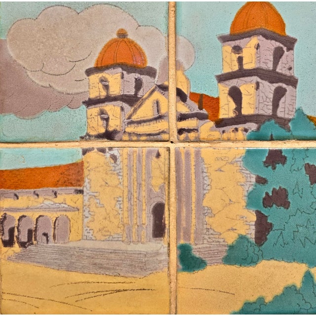 Taylor Tilery –Mission Santa Barbara,1930s Spanish Revival Hand-Painted Tile Panel in Iron Frame For Sale - Image 4 of 12