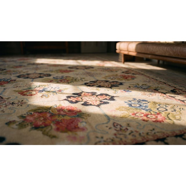 Beautiful Ivory, Blue and Red With Great Florid Design Antique Needlepoint Rug For Sale - Image 15 of 15