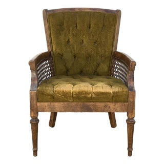 Vintage 1960s Green Velour Caned Tufted Armchair Mid Century For Sale