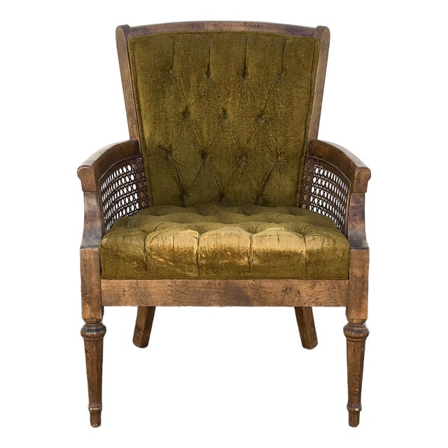 Vintage 1960s Green Velour Caned Tufted Armchair Mid Century For Sale