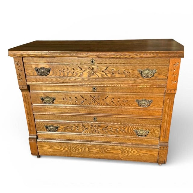 Victorian Antique 1800's Eastlake Oak Dresser – Hand Carved – Original Hardware For Sale - Image 3 of 18