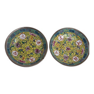 Vintage a.c.f. Japanese Porcelain & Pewter Shallow Bowls, Decorated in Hong Kong a Pair For Sale