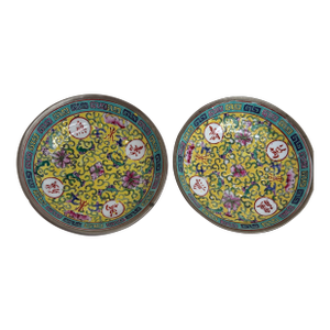 Vintage a.c.f. Japanese Porcelain & Pewter Shallow Bowls, Decorated in Hong Kong a Pair