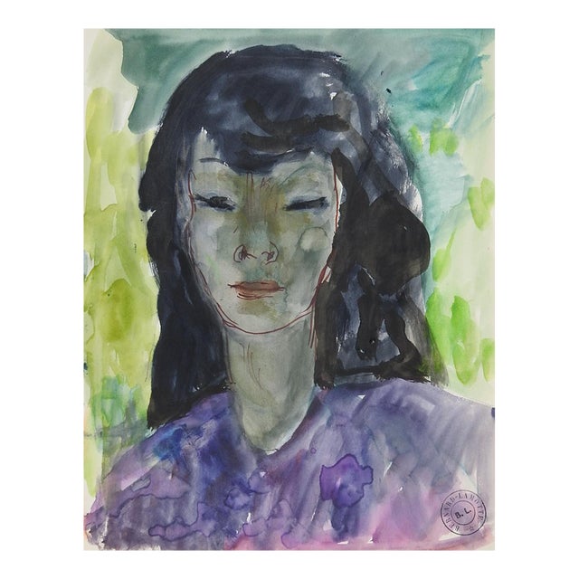 Early 20th Century Tahitian Woman Watercolor Portrait Painting For Sale