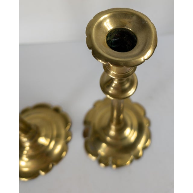Brass 18th Century Pair of English Brass Queen Anne Candlesticks With Petal Base For Sale - Image 8 of 13