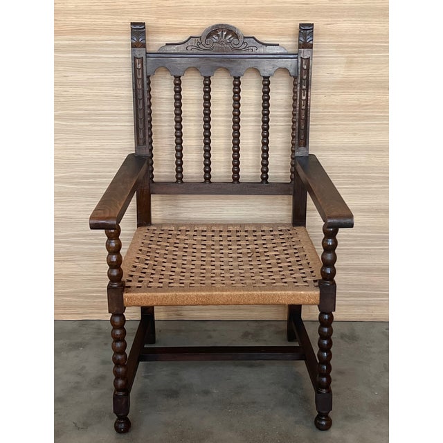 19th century Spanish colonial altar armchairs with wood seat with ornamental carved on the back and beautiful Solomonic...