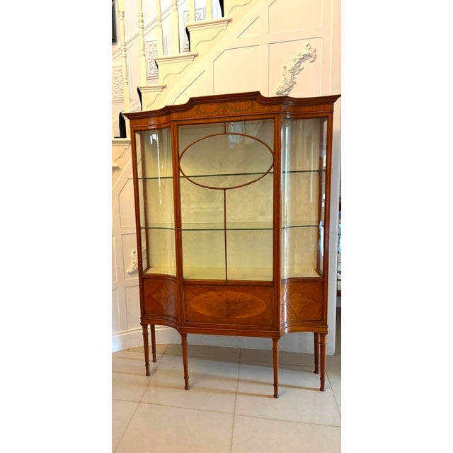 Late 19th Century Antique Victorian Satinwood Inlaid Bow Front Display Cabinet, 1890 For Sale - Image 5 of 18