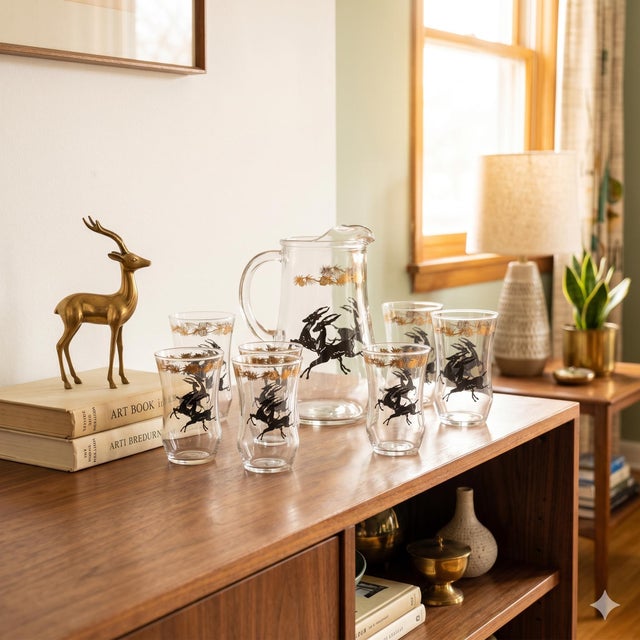 Neo Deco Barware 8 Glasses Pitcher Set Gazelle Supper Club Bar Cart Drinkware For Sale - Image 15 of 15