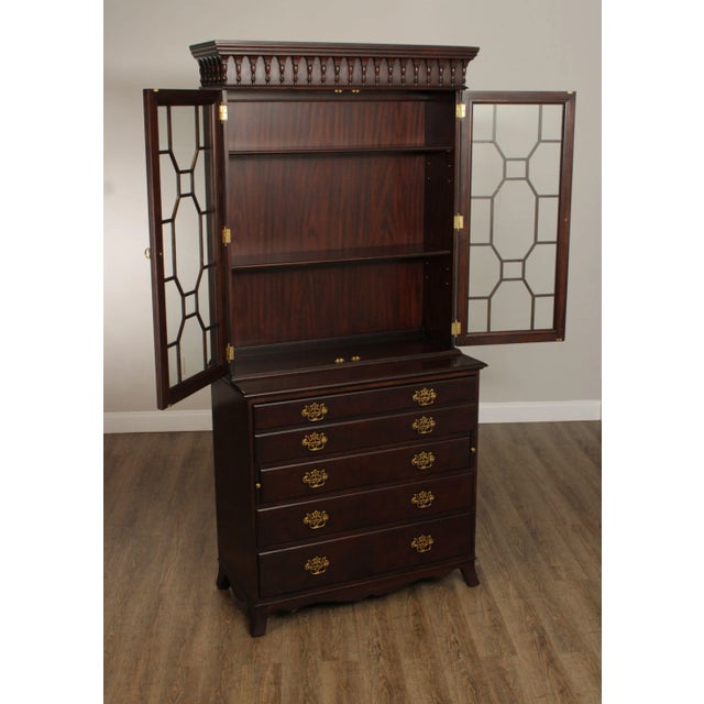 Chippendale Hickory Chair Georgian Style Mahogany Bookcase Top Secretary Desk For Sale - Image 3 of 12