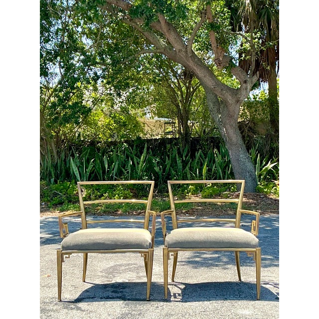 Vintage Regency Greek Key Brass Lounge Chairs After Mastercraft - A Pair For Sale - Image 10 of 12