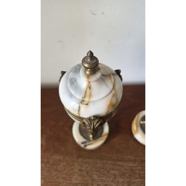 Pair Antique French Marble & Bronze Urns Neoclassical Cassolettes Empire Garniture Mantel Decor Lidded Decorative Urns For Sale - Image 4 of 14
