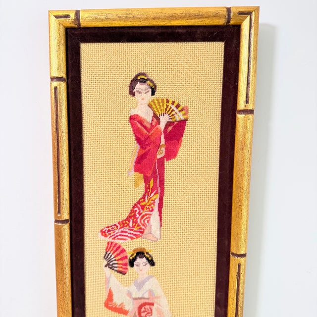 1970s Vintage Geisha Needlepoint Panel — Three Figures in Kimono, Gilt Bamboo Frame, Chinoiserie For Sale - Image 5 of 8