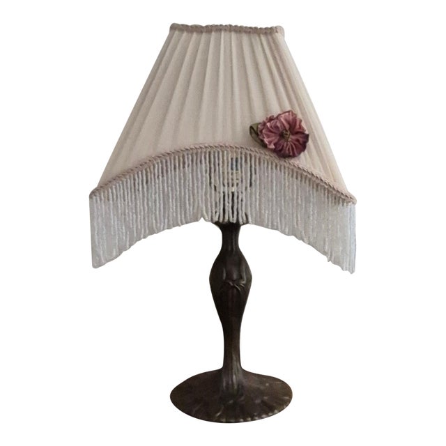 Mid 20th Century Victorian-Style Table Lamp With a Pleated Beaded-Fringe Shade For Sale