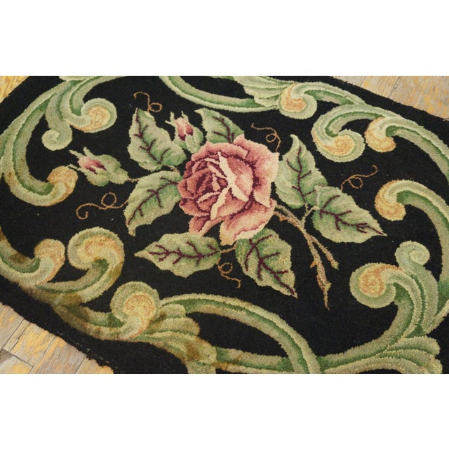 1920s Black Floral Folk Art Antique American Hooked Rug 2'2" X3'0" Handknotted Wool Carpet For Sale - Image 4 of 6