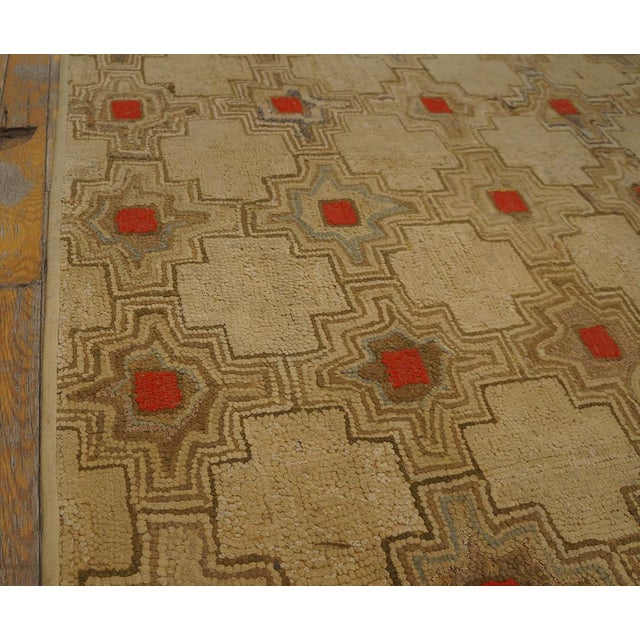 Textile 1900s Brown Geometric Folk Art Antique American Hooked Rug Knotted Wool Carpet For Sale - Image 7 of 9