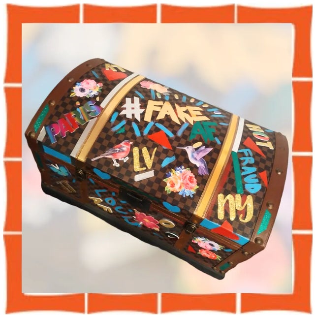 Andy Warhol Custom Made One of a Kind Mixed Media Art Covered Faux Leather Checkered Large Storage Trunk Art For Sale - Image 4 of 11