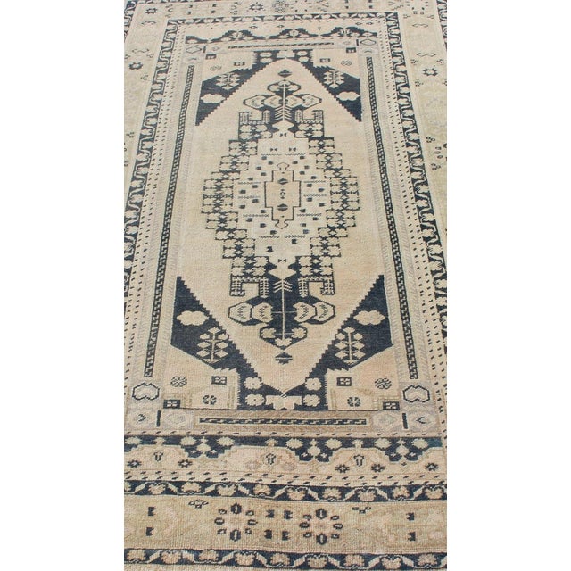Vintage Turkish Oushak Rug With Ivory Field and Deep Blue Medallion Design For Sale - Image 10 of 11