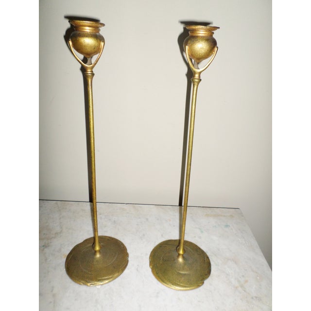 Art Deco Antique Tiffany Studios Bronze Candlesticks With Gold Gilt - a Pair For Sale - Image 3 of 13