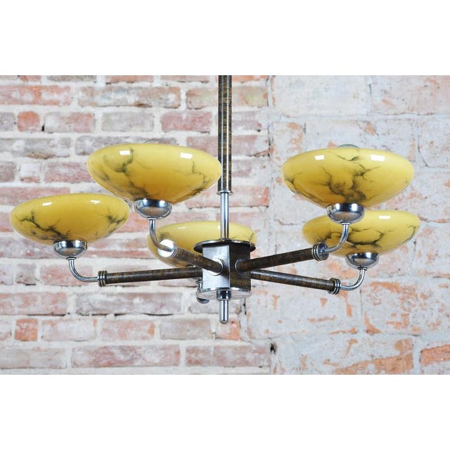 Art Deco Chandelier in Chrome and Beech, Czech, 1920s For Sale - Image 3 of 14