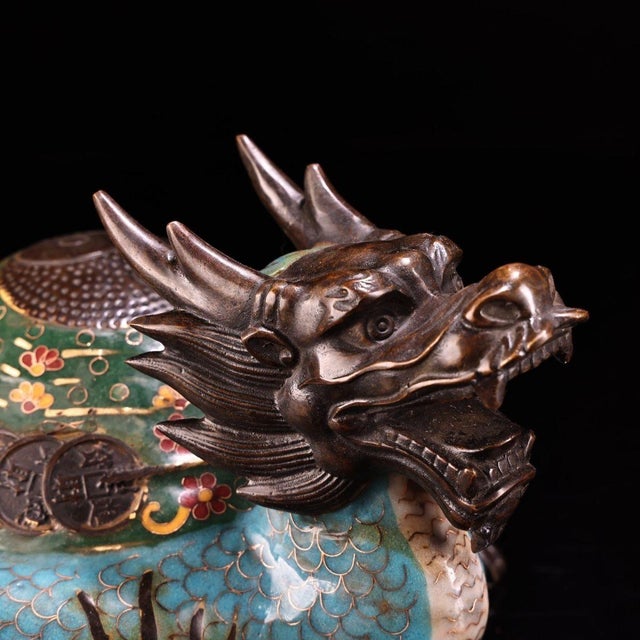 Turquoise Pair of Antique Cloisonné Dragon-Turtle Figurines, 6000g Total, Enamel For Sale - Image 8 of 10