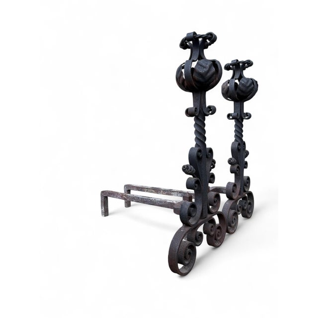 Arts & Crafts Late 19th Century Arts & Crafts Wrought Iron Pair Andirons Basket Top, Scrollwork, Spiral and Twisted Accents For Sale - Image 3 of 18