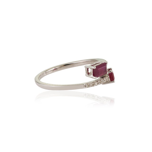 Metal Contemporary 14k White Gold Ruby & Diamond Open Bypass Ring Size 6.5 For Sale - Image 7 of 16