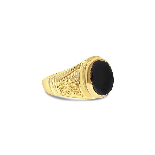 Contemporary Oval Onyx Ring with Textured Band 14k Yellow Gold, Size 11 For Sale - Image 3 of 3