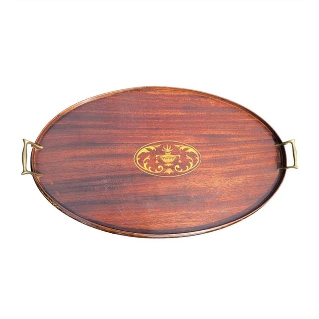 1920s English George III Mahogany Gallery and Inlay Serving Tray With Brass Handles For Sale - Image 5 of 9