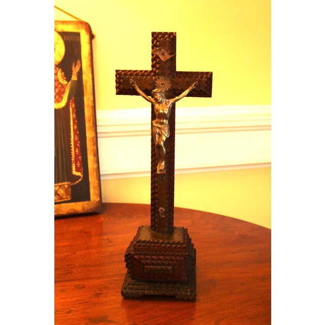 Rare Antique French Tramp Art Standing Crucifix, Hand Carved Folk Art For Sale - Image 14 of 15