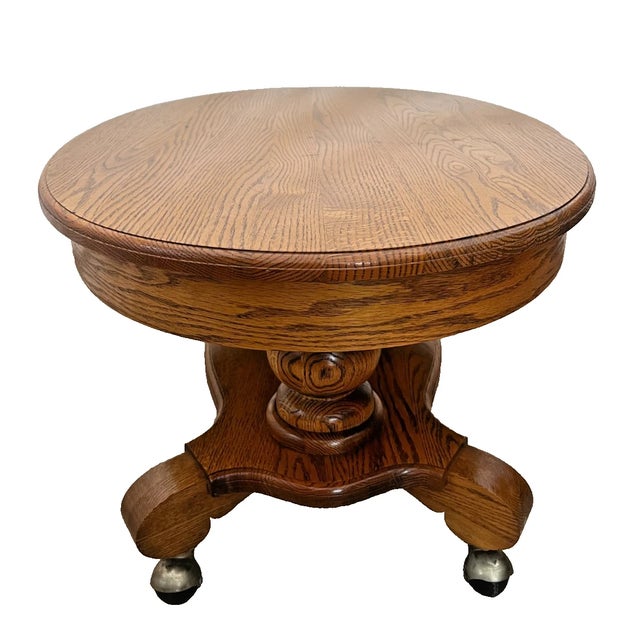 Wood Oval Coffee Table Tiger Oak, Center Drawer, Shelf, Empire Style, Caster Wheels For Sale - Image 7 of 13