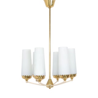 Vintage Six-Arm Chandelier in Brass and Frosted Glass, 1960s For Sale