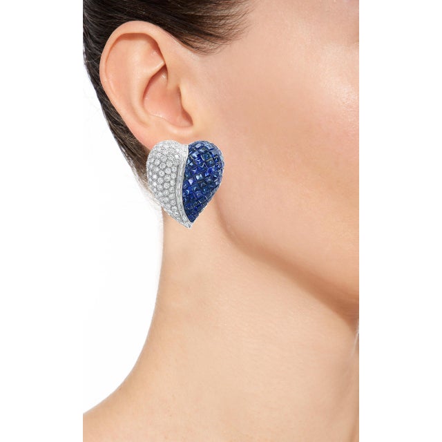 Invisible Mystery Set Sapphire and Diamond Cocktail Earring 18 Karat Gold For Sale - Image 4 of 18