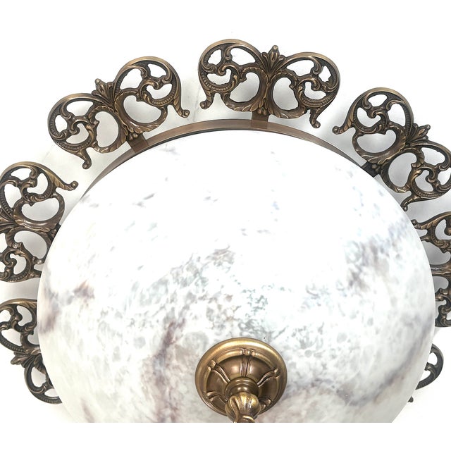 Vintage Ceiling Lamp in Brass and Marbled Glass, 1950s For Sale - Image 4 of 10