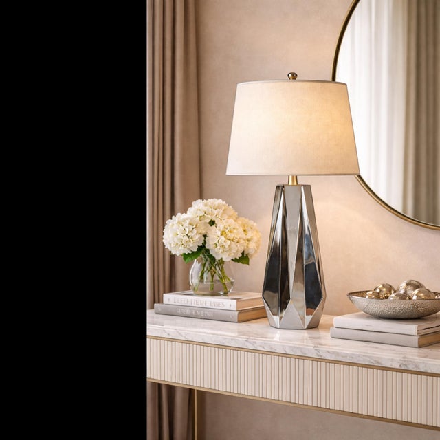 Chrome Faceted Table Lamps with Neutral Shades from Justfurnituress SRL, Set of 2 For Sale - Image 16 of 17