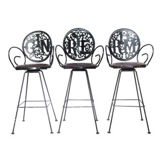 1960s Vintage Arthur Umanoff Shaver Howard Wrought Iron Barstools - Set of 3 For Sale