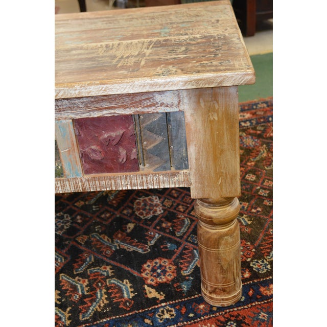 1980s Rustic Carved Panel Tan Wood Coffee Table W/ Aqua / Brown Bleached Indian For Sale - Image 12 of 16
