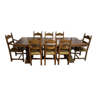 Mid 20th Century Vintage Trestle Base Dining Table With 8 Chairs - Set of 9 For Sale