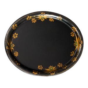 Antique 19th Century English Hand Painted Black & Gilt Floral Tole Tray