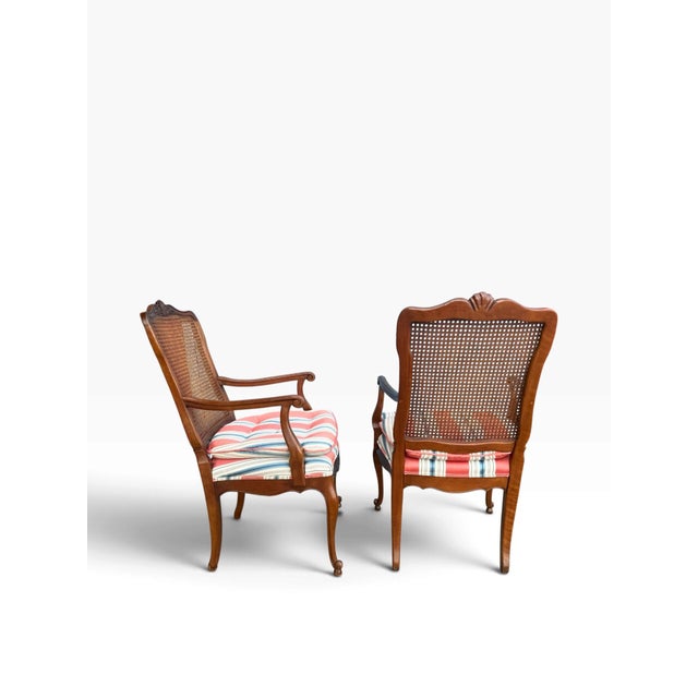 1976 Kindel French Provincial Carved Wood Cane Back Armchairs – Pair For Sale - Image 11 of 16
