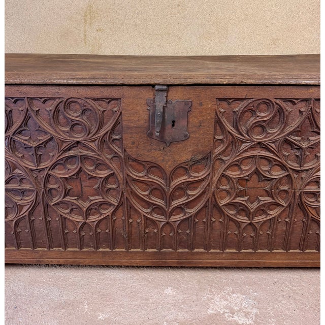 Late 19th Century Spanish Carved Wood Chest With Gothic Decoration For Sale - Image 11 of 17