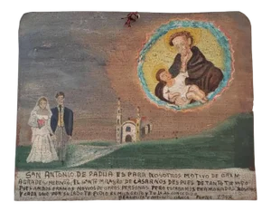 Vintage Mexican Religious Hand Painted Oil on Tin Panel Retablo Folk Art