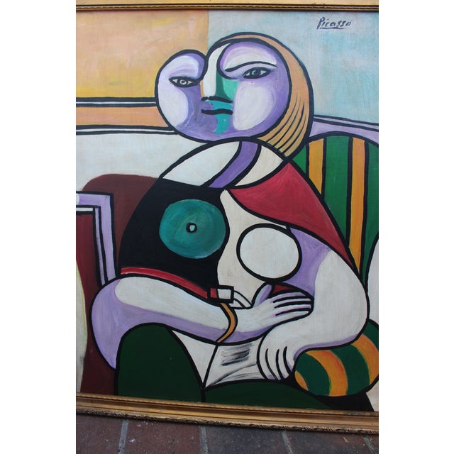 Cubism 1980s Blue Picasso Female Cubist Painting, Framed For Sale - Image 3 of 6